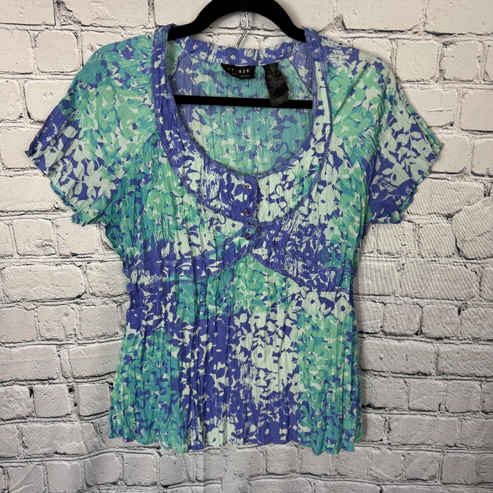 axcess Liz Claiborne Y2K Fairycore Babydoll Top Green Purple Floral Size Medium